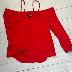 Express Red Off Shoulder Long Sleeve Blouse with Straps & Button Front Size S